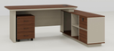 Bureau de direction en L 01-B1617 – retour fixe, caisson, prise et LED, noyer / crème, 1600 à 2000 mm