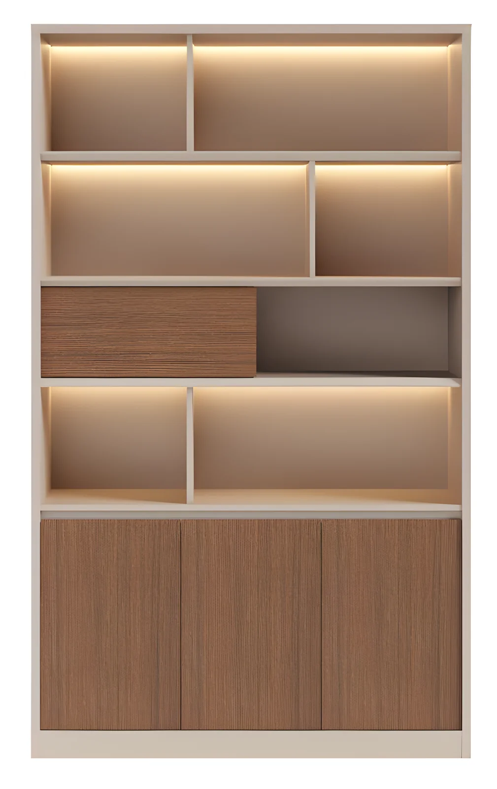 [MINGGE-01-W25207] Bookcase 01-W25207 1180 mm with LED light strip – walnut / cream melamine C108+C84, open niches, 2000 mm tall