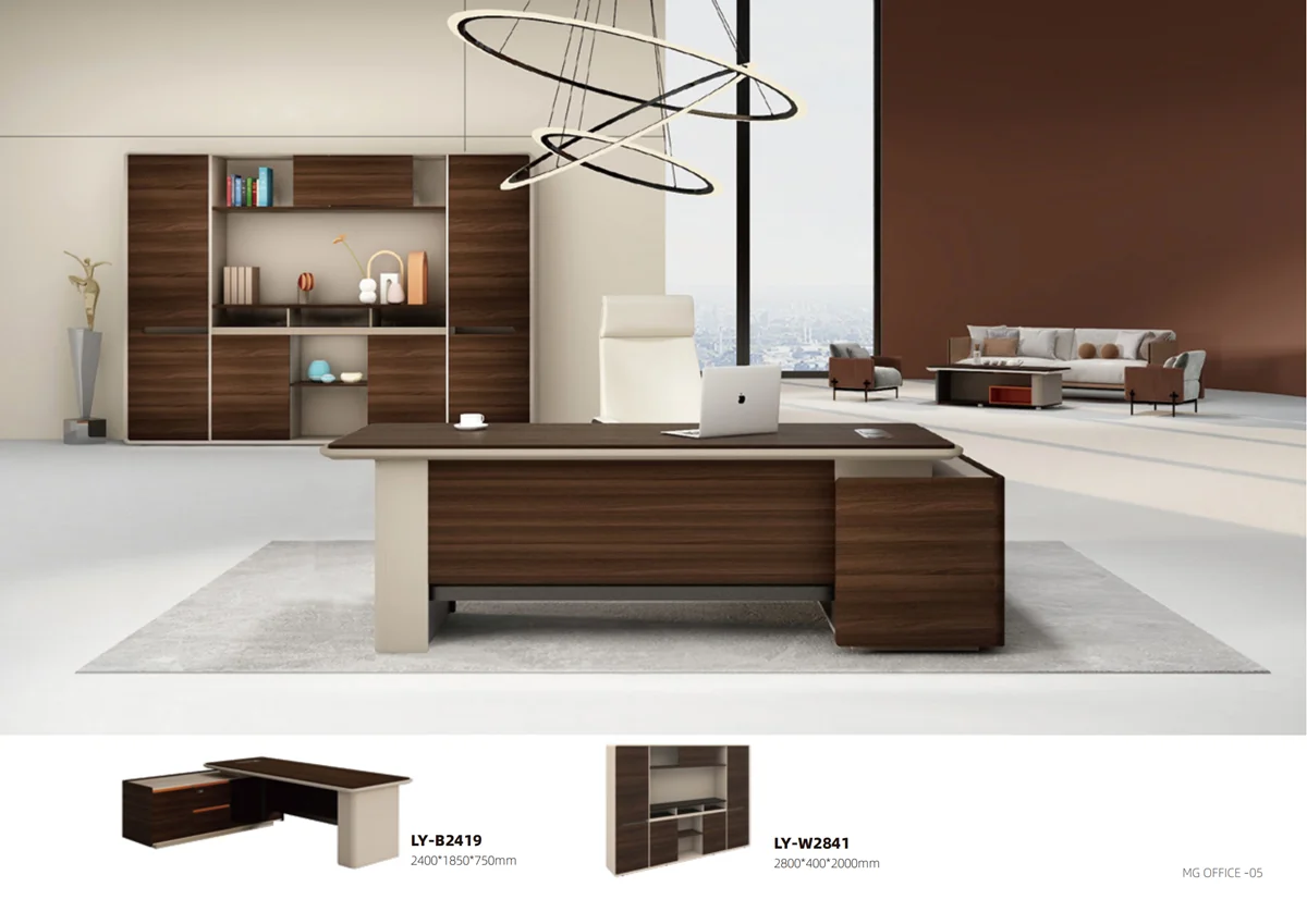 [MINGGE-02-B2419] L-shaped executive desk 02-B2419 2000 x 1800 mm – fixed return, pedestal, outlet and LED, walnut / cream