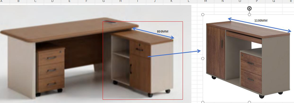 [MINGGE-01-B2016A-2000X850] Bureau de direction 01-B2016A retour E8 et caisson mobile – noyer/crème PVC, prise et LED, 1600/1800/2000 mm (2000 x 850 x 750)