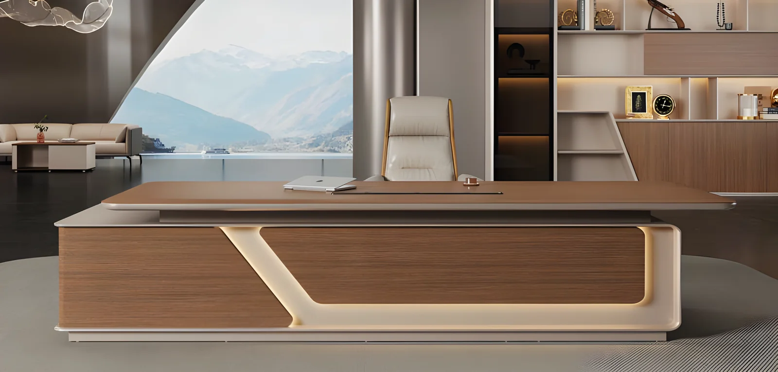 Large executive desk 01-B2820 2400 x 2000 mm – fixed return, built-in drawers, outlet and LED, walnut/cream