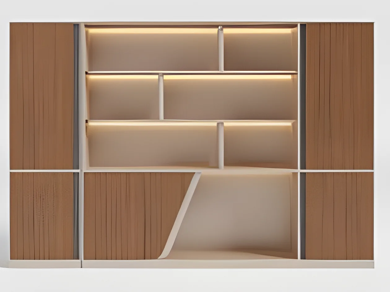 [MINGGE-01-W3040] Bibliothèque murale 01-W3040 3000 x 400 x 2000 mm avec LED – niches ouvertes, noyer/crème PVC