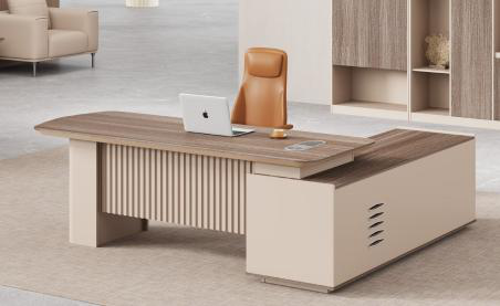 [MINGGE-JZ-B2619A-1800X160] Bureau de direction en L JZ-B2619A – chêne gris / beige, retour fixe, caisson mobile, LED, 1800 ou 2000 mm (1800 x 1600 x 750)