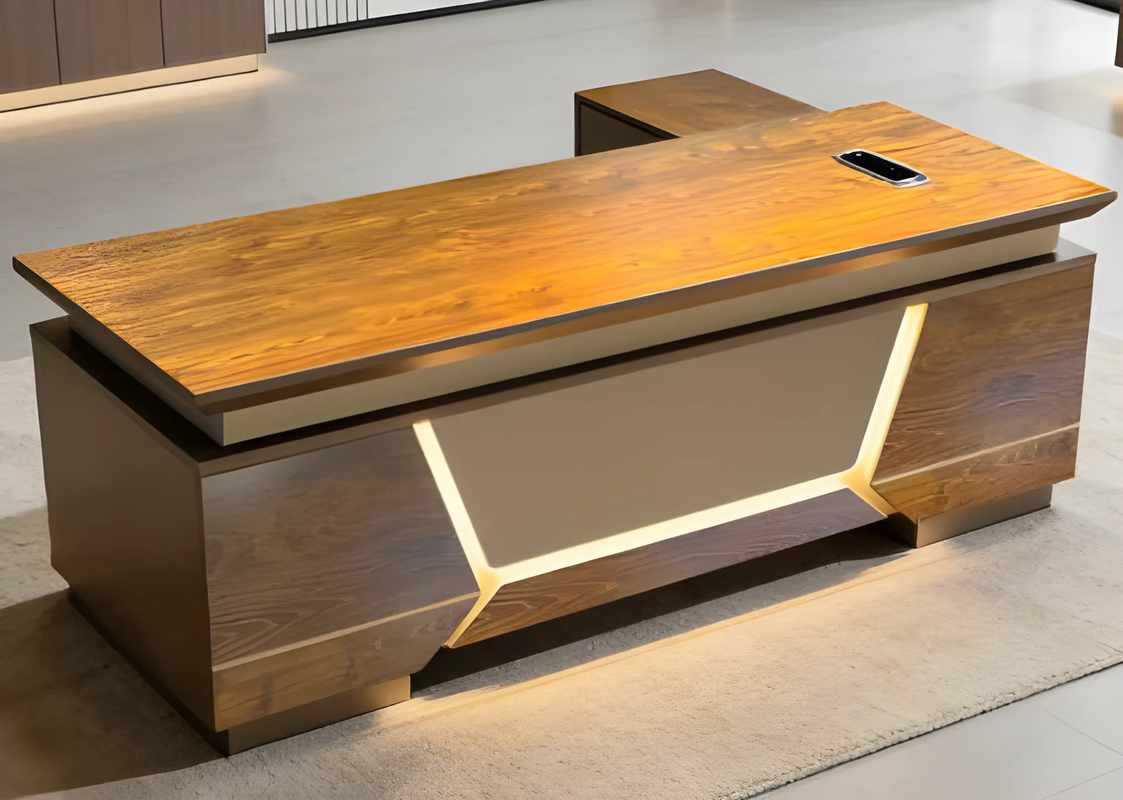 [XIAN-XA-26-04-BOISCLAI-1800X850] Bureau de direction XA-26-04 avec retour-rangement – bois HX-128 kaki ou HX-114 doré, 1800/2000 mm (Bois clair + inserts dorés (HX-114+gold), 1800 x 850 x 750)