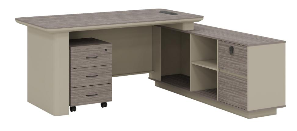 [MINGGE-JZ-B2418A-1800X160] L-shaped executive desk JZ-B2418A reversible return – gray oak / beige, mobile pedestal, LED, 1600 to 2000 mm (1800 x 1600 x 750)