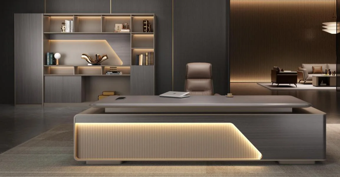 [MINGGE-08-B2621] Executive desk 08-B2621 2400 x 1800 mm – dark walnut / light gray, fixed return, power outlet and LED strip