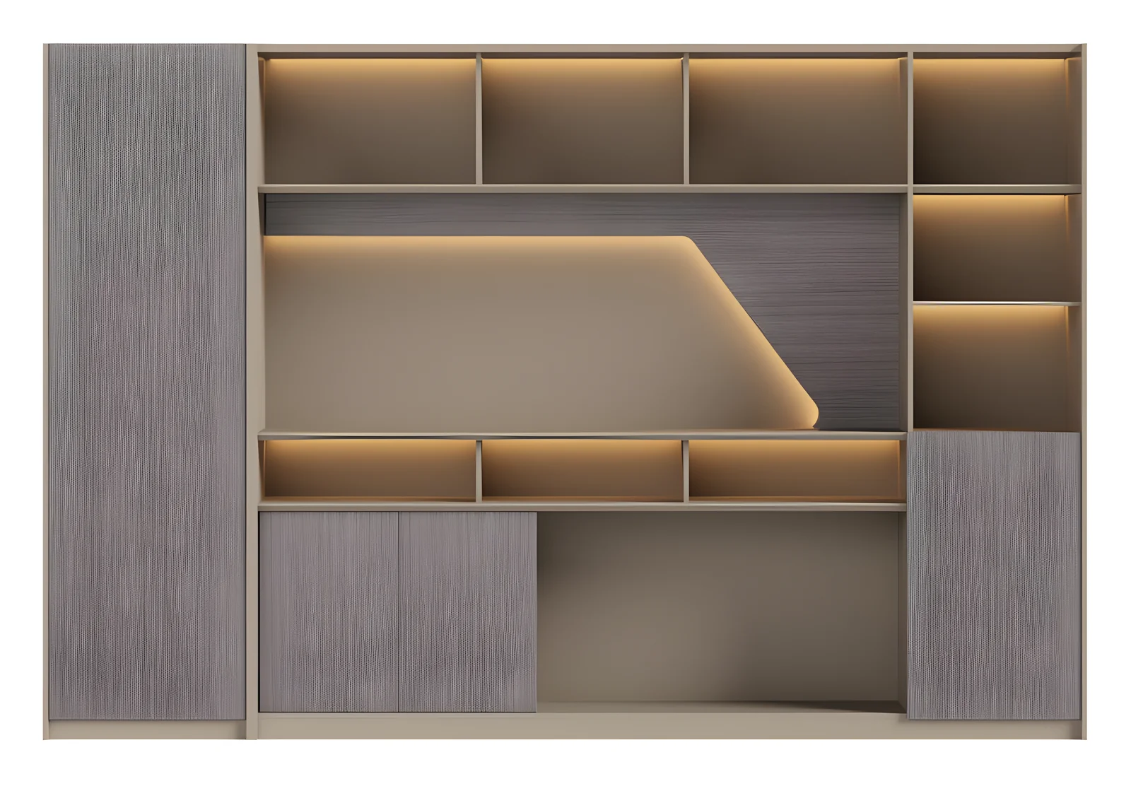 [MINGGE-08-W3041] Wall bookcase 08-W3041 3000 x 400 x 2000 mm with LED strip – dark walnut / light gray, open niches