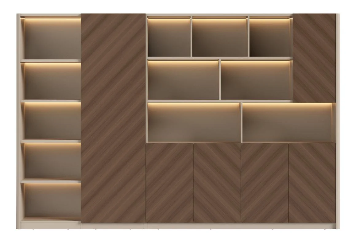 [MINGGE-02-W3020] Wall bookcase 02-W3020 3000 mm with LED strip – dark wood / off-white, matches the 02-B2620R desk