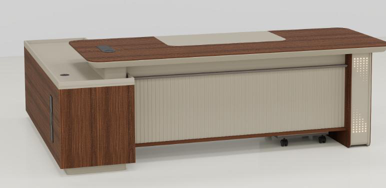 [MINGGE-02-B2420-1800X160] Bureau de direction en L 02-B2420 avec sous-main PU et caisson mobile – noyer / crème, 1800 à 2200 mm (1800 x 1600 x 750)